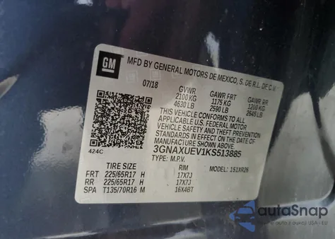2019 Chevrolet Equinox Lt z USA, uszkodzony, nr VIN 3GNAXUEV1KS513885
